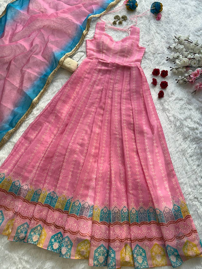 Beautiful Pink Organza Digital Printed Anarkali Gown