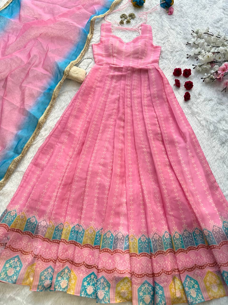 Beautiful Pink Organza Digital Printed Anarkali Gown