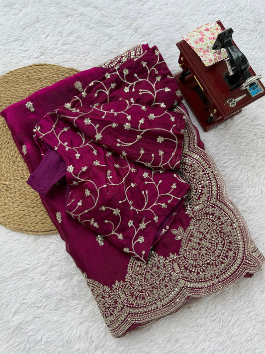 Ravishing Wine Chiffon Thread Work Saree