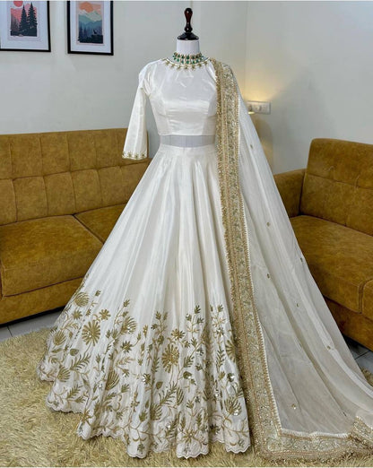 Glorious White Silk Zari Work Lehenga Choli