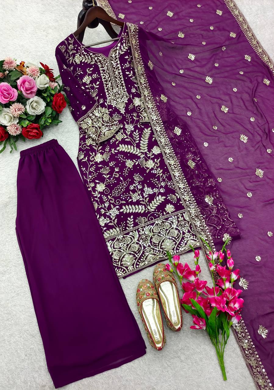 Trendy Purple Fox Georgette Sequence Work Palazzo Suit