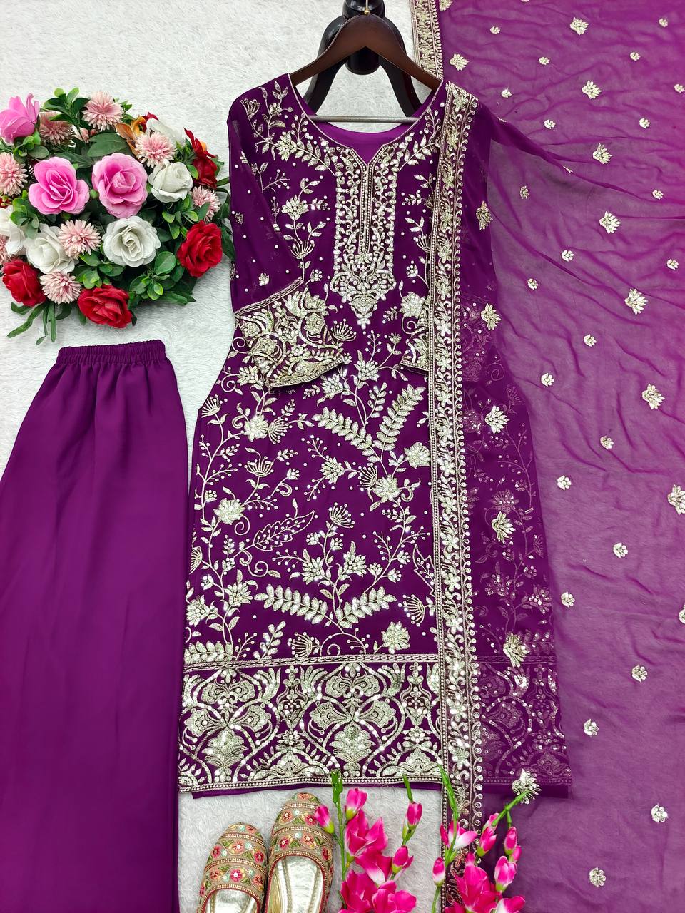 Trendy Purple Fox Georgette Sequence Work Palazzo Suit