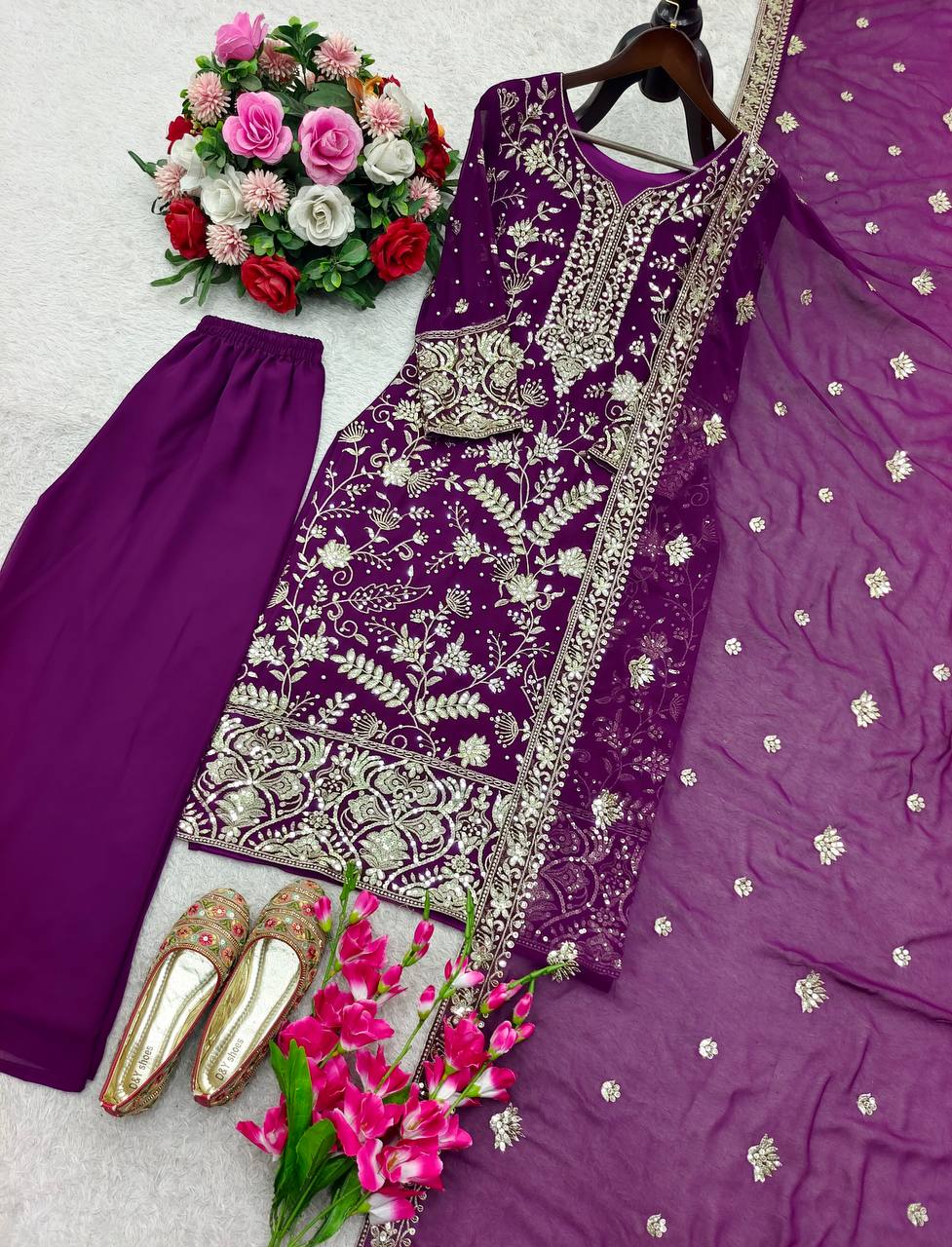 Trendy Purple Fox Georgette Sequence Work Palazzo Suit
