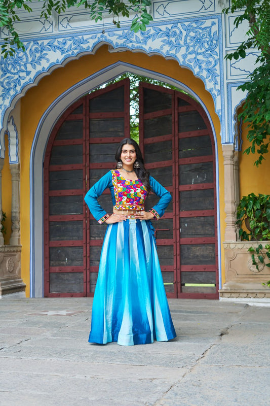 Navratri Wear Blue Chinon Embroidered Lehenga Choli