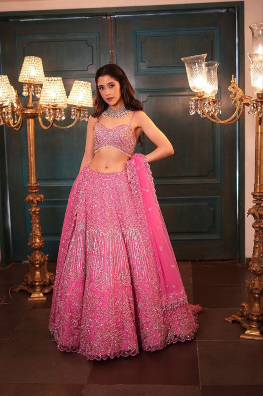 Wonderful Pink Net Dori Work Lehenga Choli
