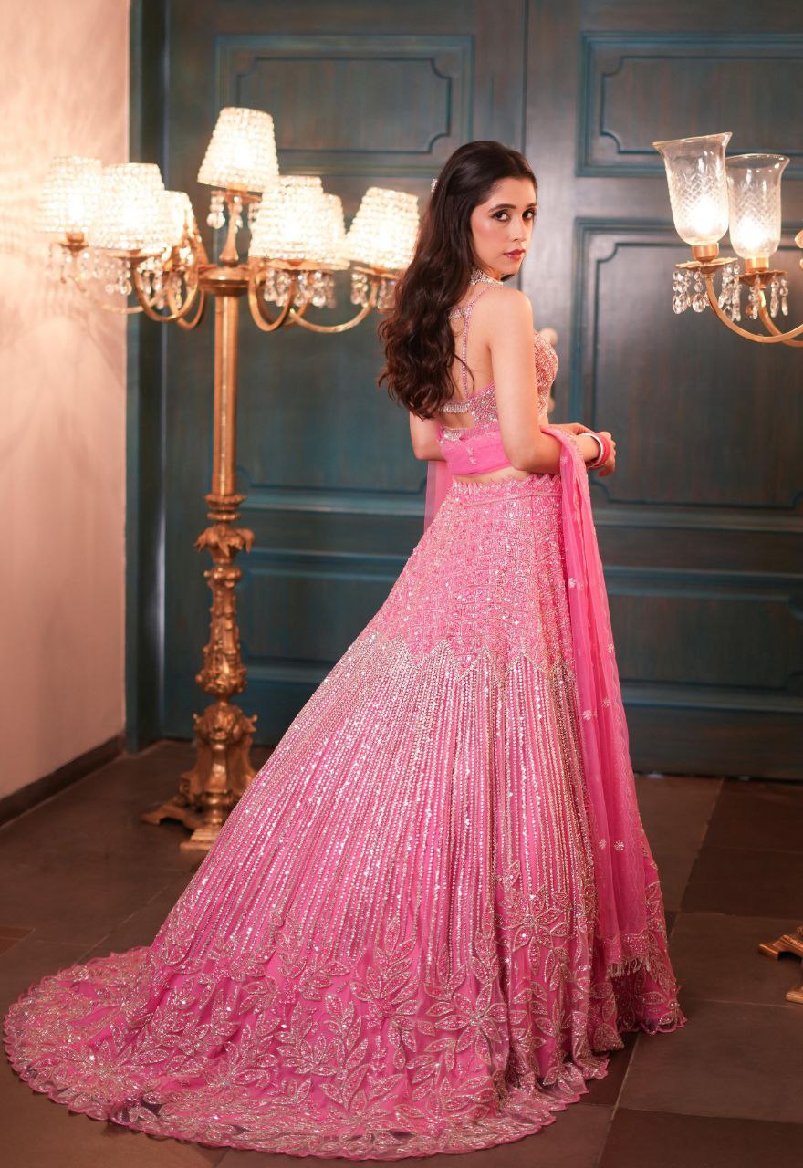 Wonderful Pink Net Dori Work Lehenga Choli