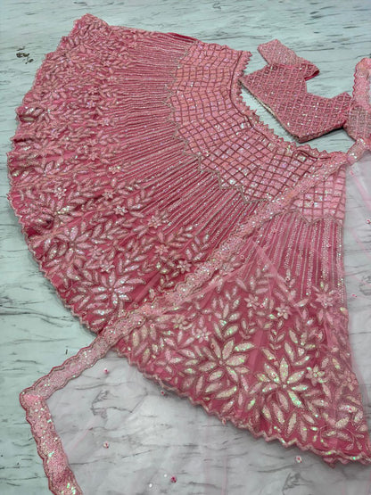 Wonderful Pink Net Dori Work Lehenga Choli
