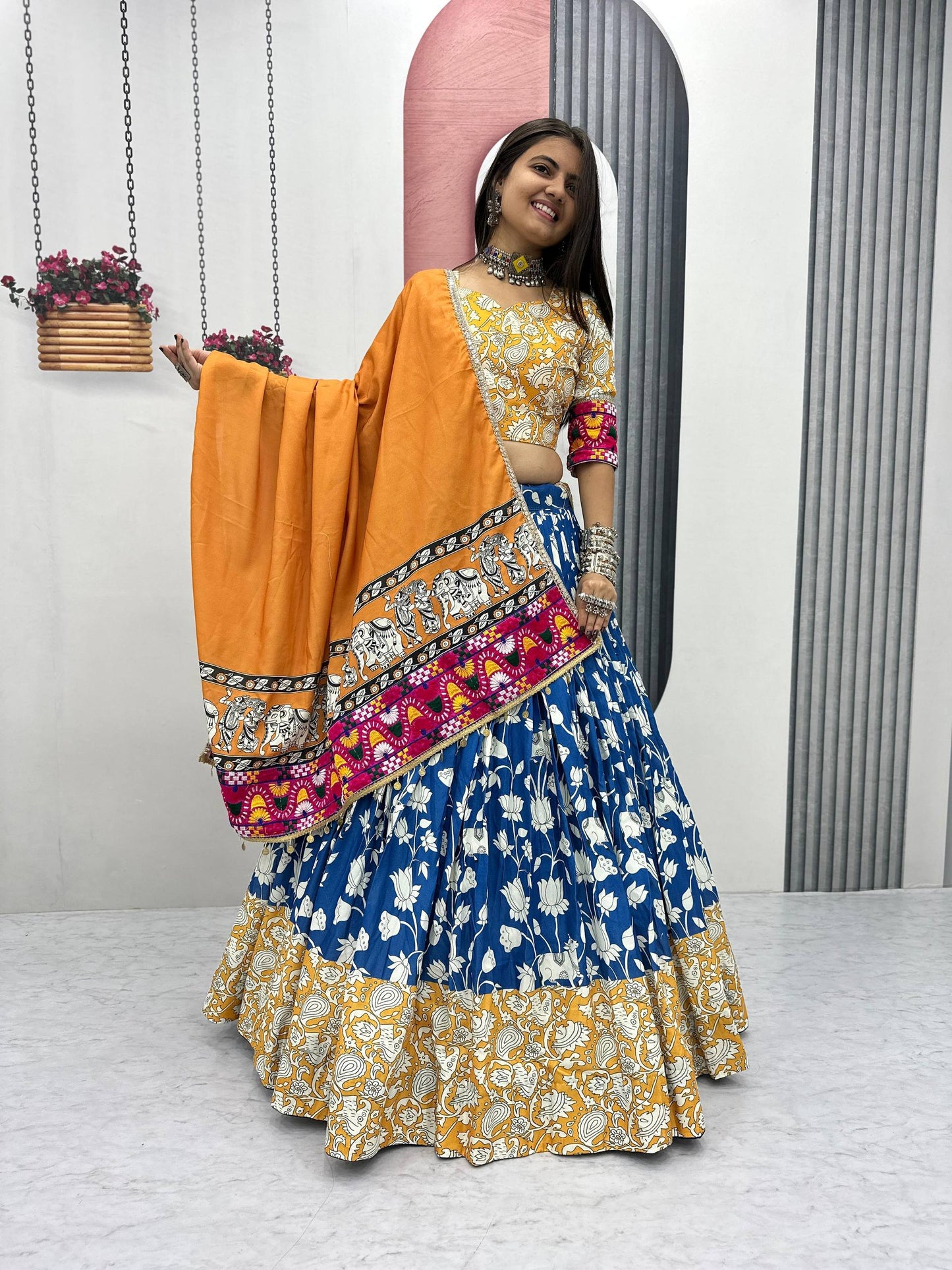 Navratri Collection Yellow Cotton Gamthi Work Lehenga Choli
