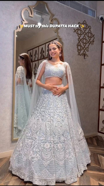 Stylish Silver Color Net Sequins Work Lehenga Choli