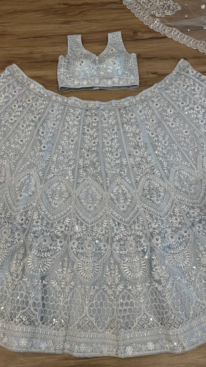 Stylish Silver Color Net Sequins Work Lehenga Choli