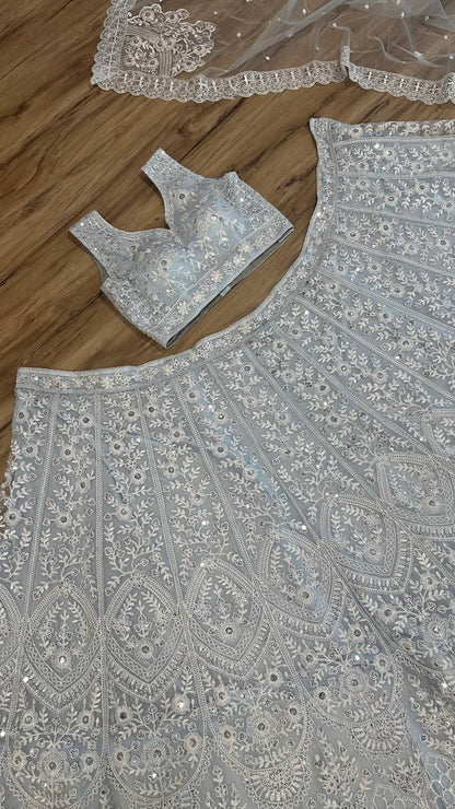 Stylish Silver Color Net Sequins Work Lehenga Choli