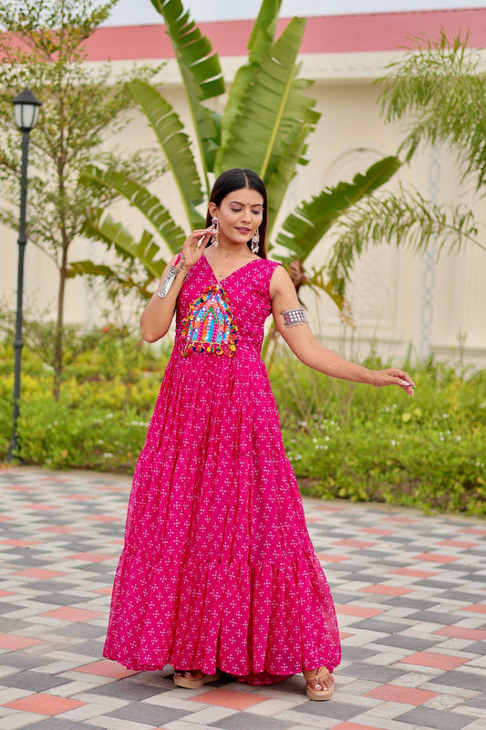 Navratri Wear Pink Georgette Embroidery Work Gown