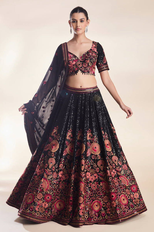 Wedding Special Black Georgette Embroidery Lehenga Choli