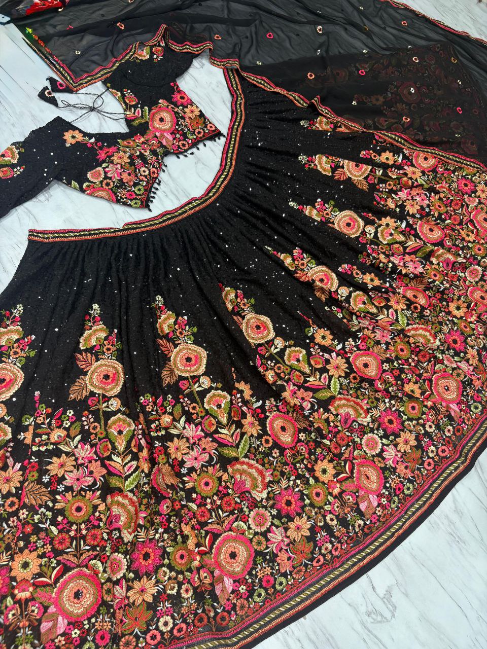 Wedding Special Black Georgette Embroidery Lehenga Choli