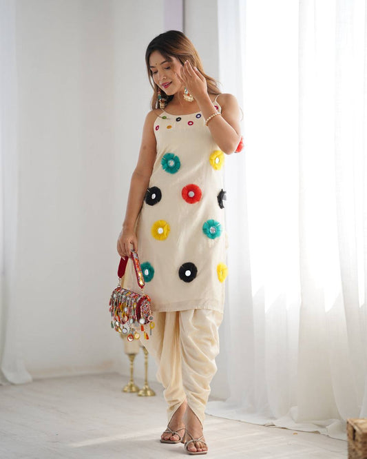 Stylish White Cotton With Mirror Work Dhoti Suit