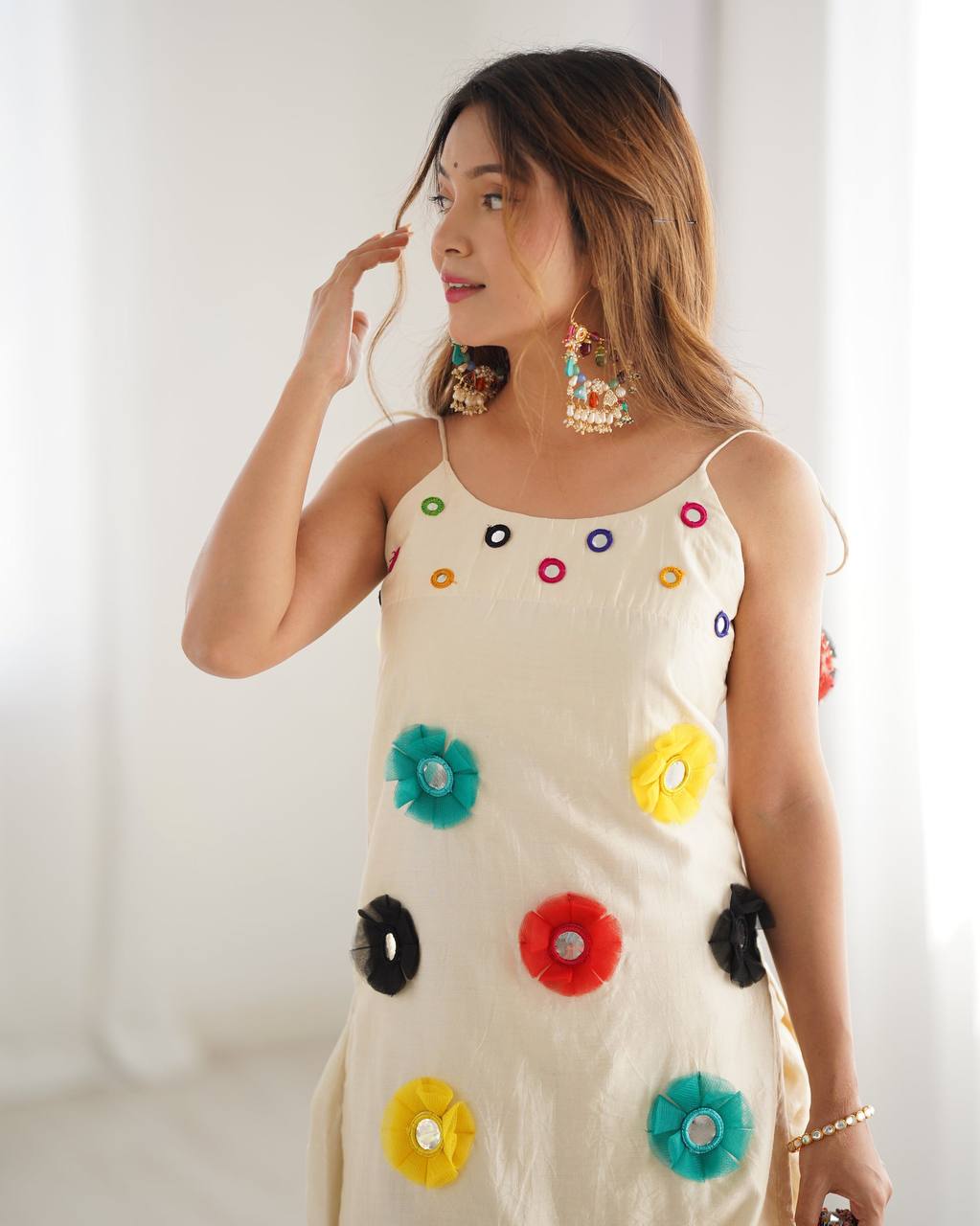 Stylish White Cotton With Mirror Work Dhoti Suit