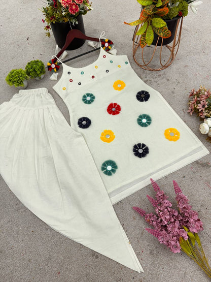 Stylish White Cotton With Mirror Work Dhoti Suit