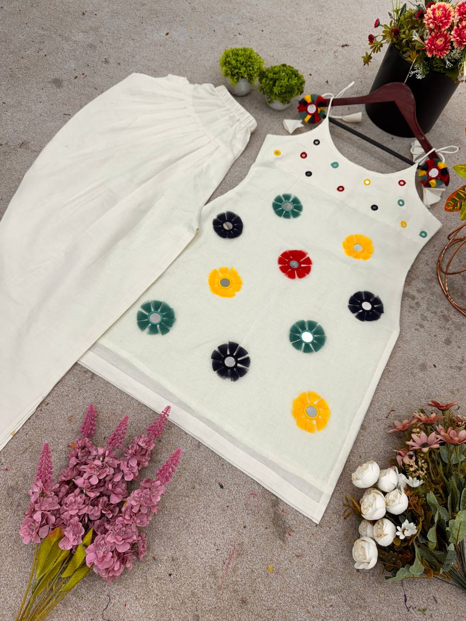 Stylish White Cotton With Mirror Work Dhoti Suit