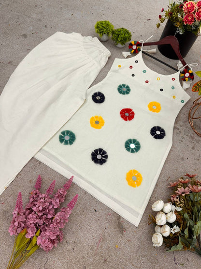 Stylish White Cotton With Mirror Work Dhoti Suit
