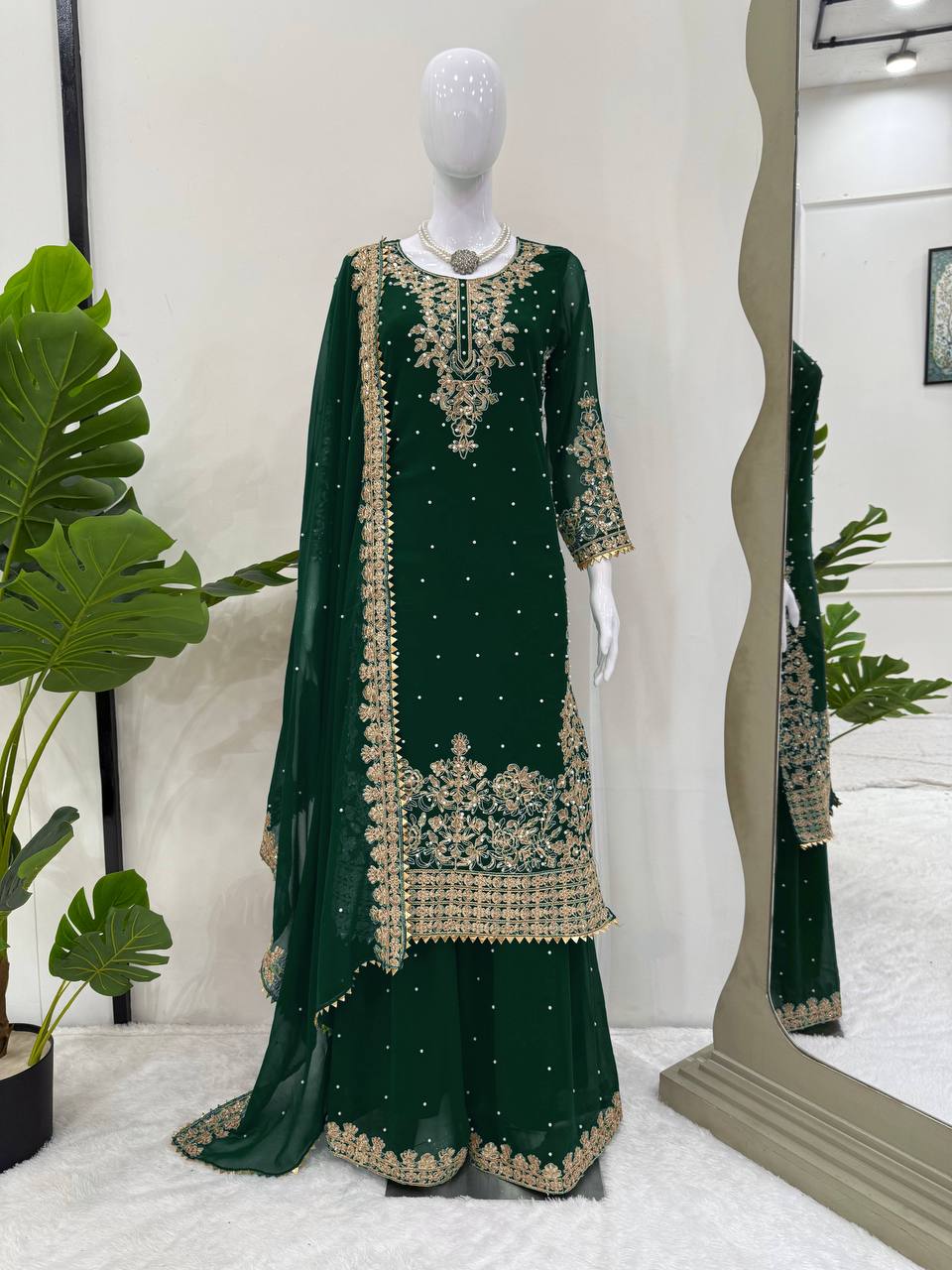 Captivating Green Georgette Sequence Work Palazzo Suit