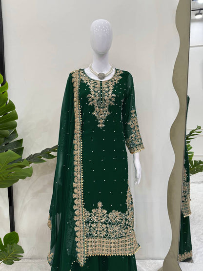 Captivating Green Georgette Sequence Work Palazzo Suit