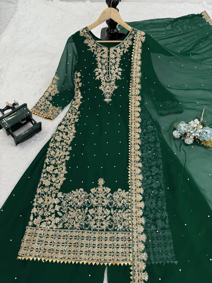 Captivating Green Georgette Sequence Work Palazzo Suit
