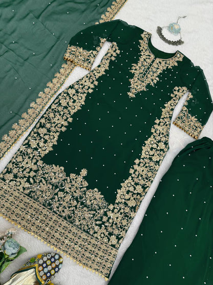 Captivating Green Georgette Sequence Work Palazzo Suit