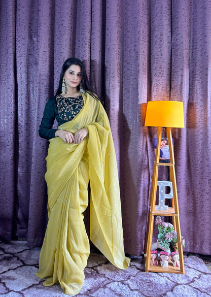 Classy Yellow Sparkle Silk Sequence Work Saree