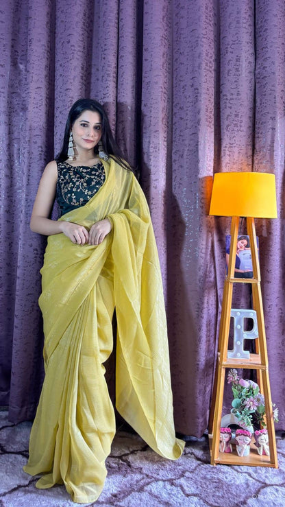 Classy Yellow Sparkle Silk Sequence Work Saree