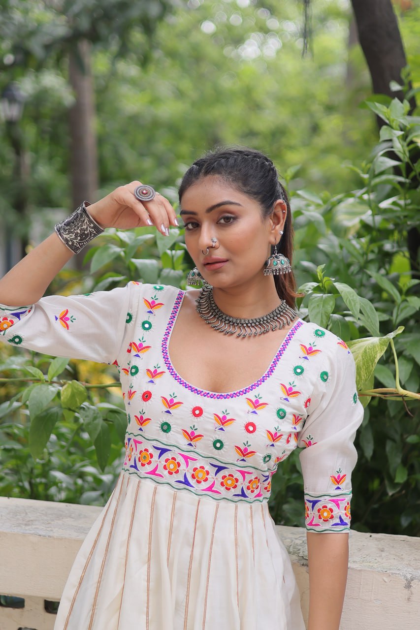 White Roman Thread Work Navratri Collection Gown