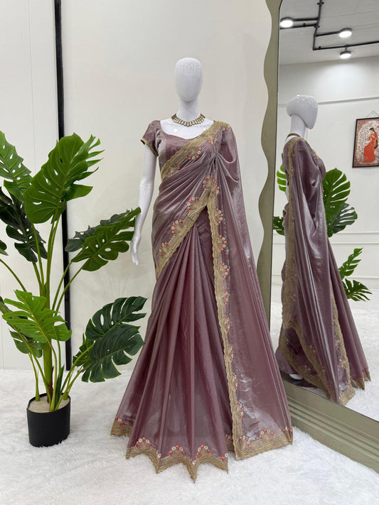 Party Wear Lavender Color Embroidered Silk Saree
