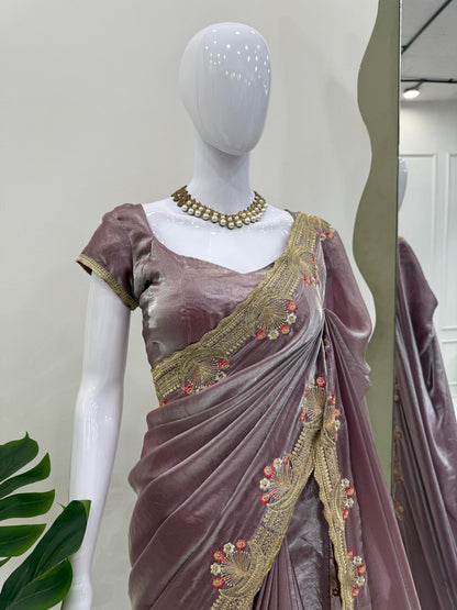 Party Wear Lavender Color Embroidered Silk Saree