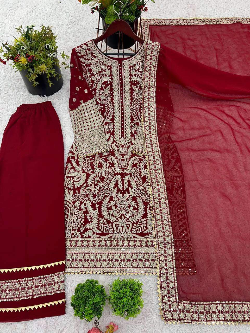 Stylish Maroon Color Georgette Sequence Work Straight Salwar Suit