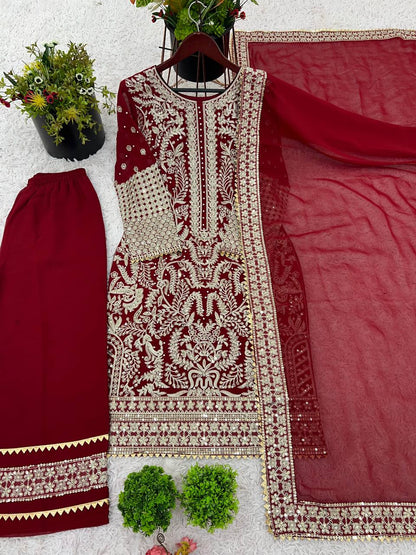 Stylish Maroon Color Georgette Sequence Work Straight Salwar Suit