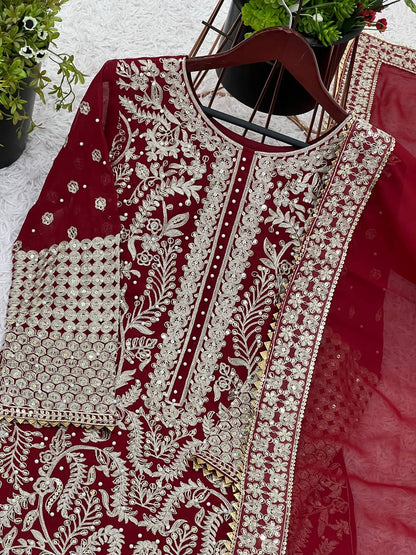 Stylish Maroon Color Georgette Sequence Work Straight Salwar Suit