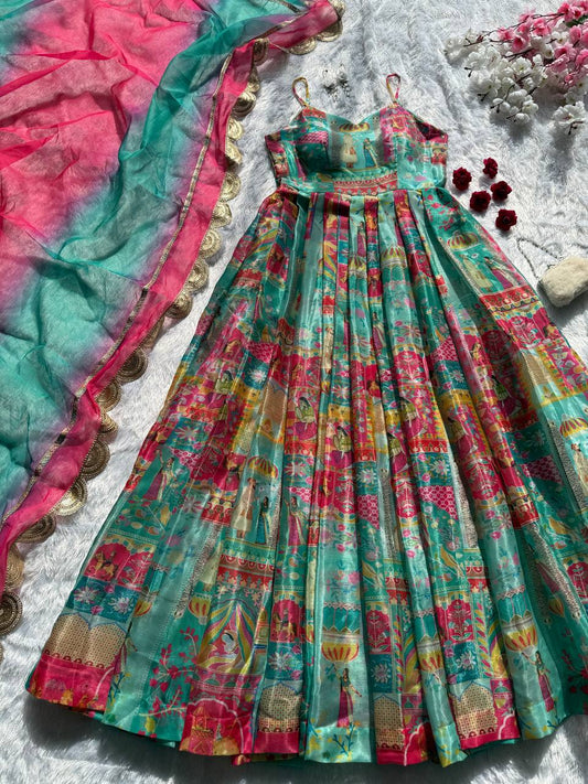 Gorgeous Green Organza Digital Printed Anarkali Gown