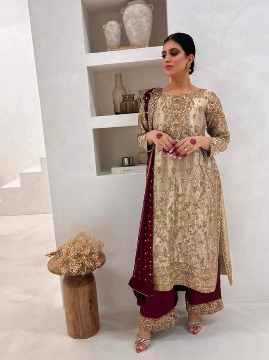 Trendy Beige Embroidery Work Straight Salwar Suit
