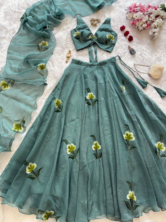 Mesmerizing Green Handpaint Work Lehenga Choli