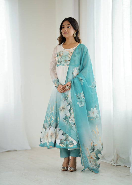 Stylish Sky Blue Color Organza Flared Anarkali Suit