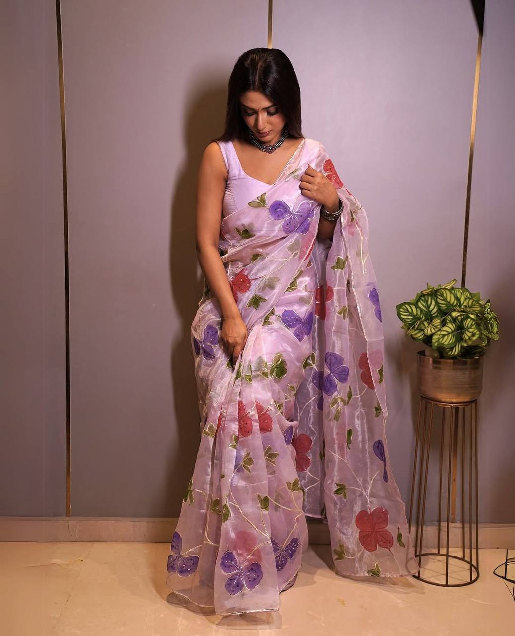 Trendy Lavender Color Sequence Work Organza Silk Saree