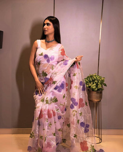 Trendy Lavender Color Sequence Work Organza Silk Saree