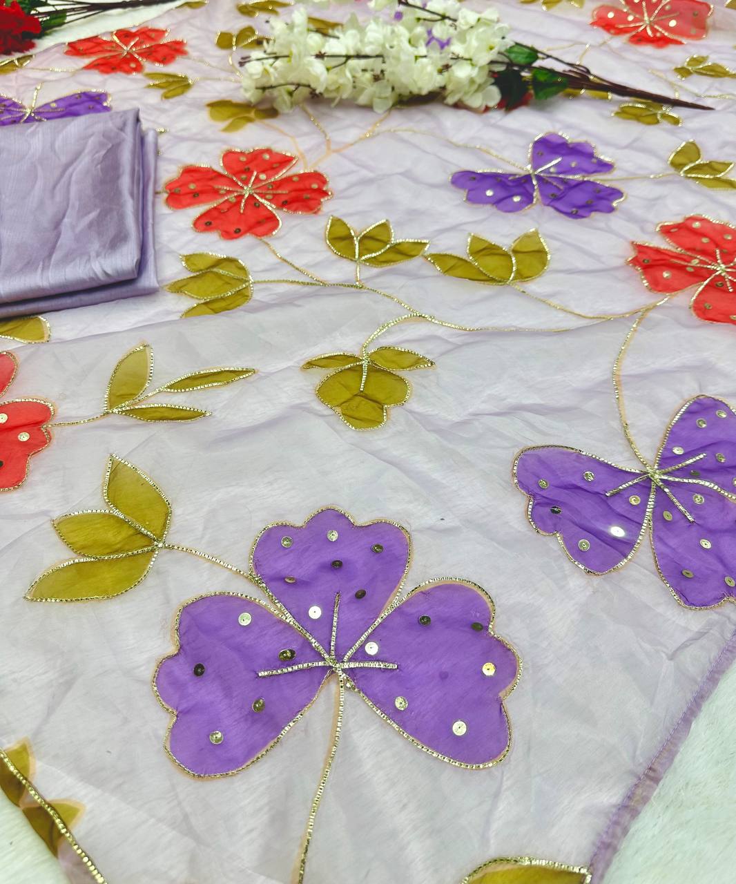 Trendy Lavender Color Sequence Work Organza Silk Saree