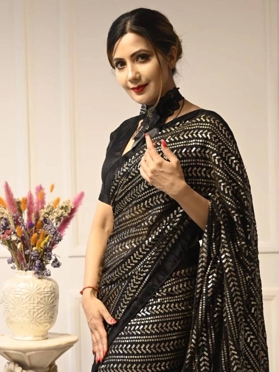 Glorious Black Color Sequins Work Georgette Saree