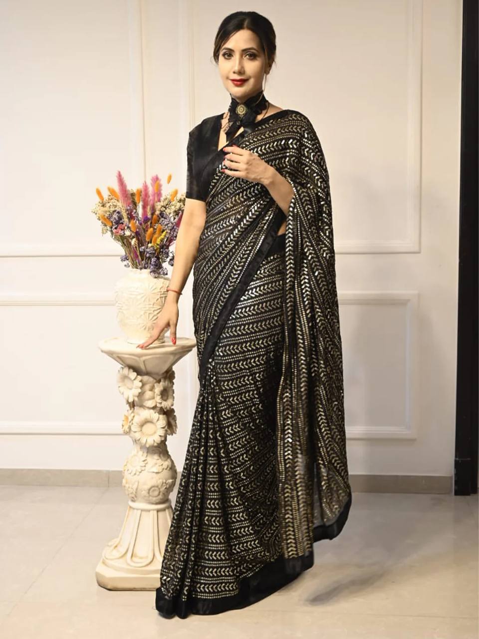 Glorious Black Color Sequins Work Georgette Saree
