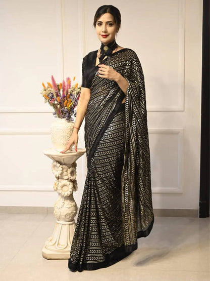 Glorious Black Color Sequins Work Georgette Saree
