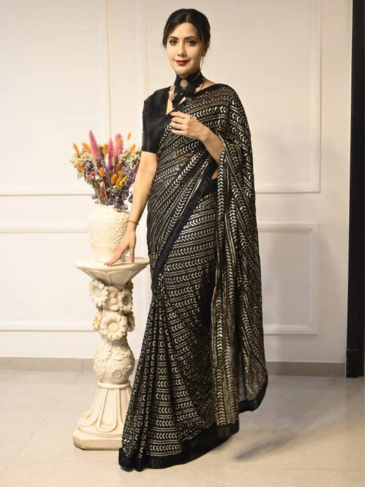 Glorious Black Color Sequins Work Georgette Saree