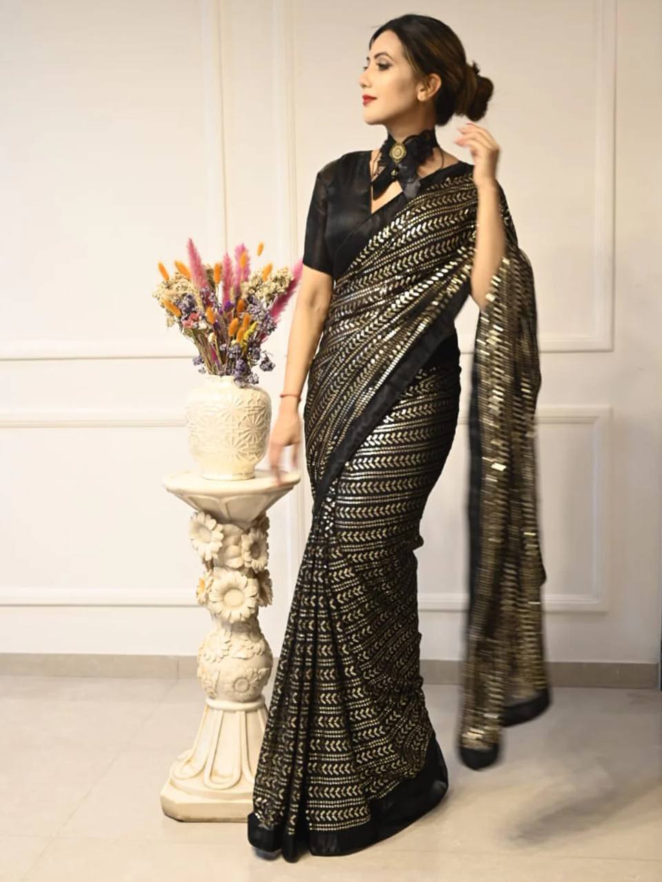 Glorious Black Color Sequins Work Georgette Saree
