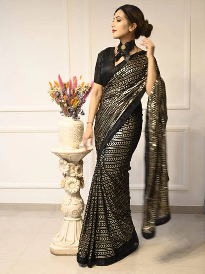 Glorious Black Color Sequins Work Georgette Saree