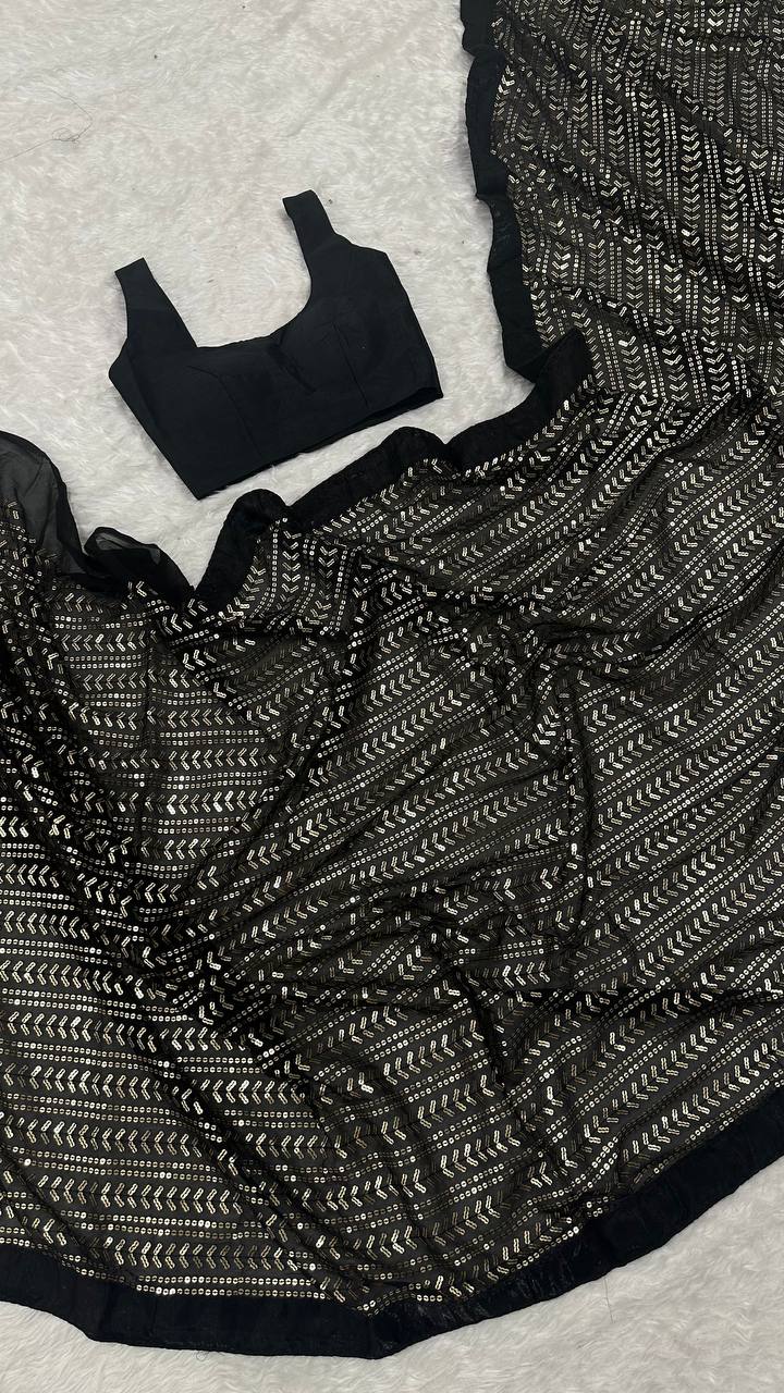 Glorious Black Color Sequins Work Georgette Saree