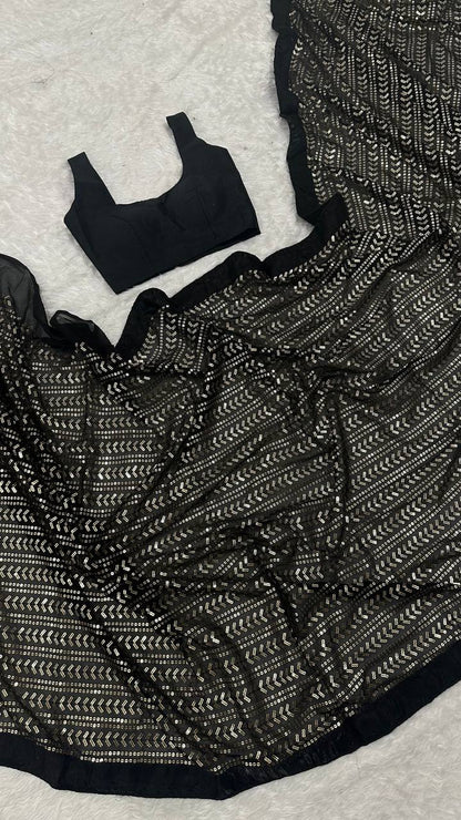 Glorious Black Color Sequins Work Georgette Saree